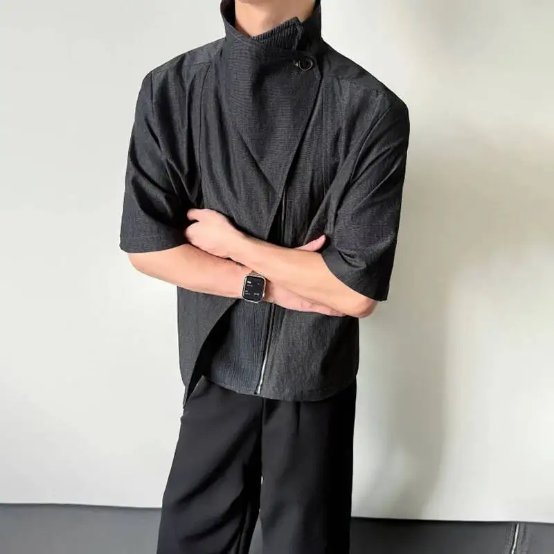 LUZHEN Short Layer 2026 Double Summer Stand Neck Patchwork Design Sleeve Shirt Men's Solid Color High Quality Zipper Tops JY8060