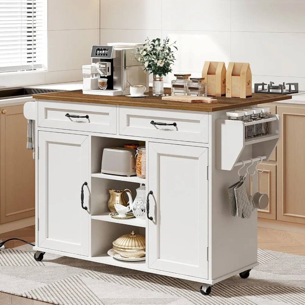 Kitchen Island With Power, Outlets Drop Leaf Storage, Drawer Spice Rack Tower, White Table Cart Design