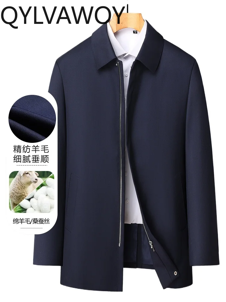 

QYLVAWOY Spring Autumn Wool Outerwear Middle-Aged Elderly Men's High-End Silk Mid-Length Lapel Dad's Trench Coat LJ2246