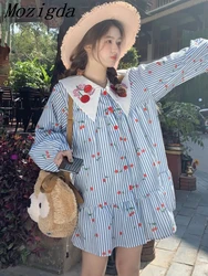 Korean Sweetly Aged Heavy Industry Embroidered Cherry Contrast Doll Neck Loose Long sleeved Dress