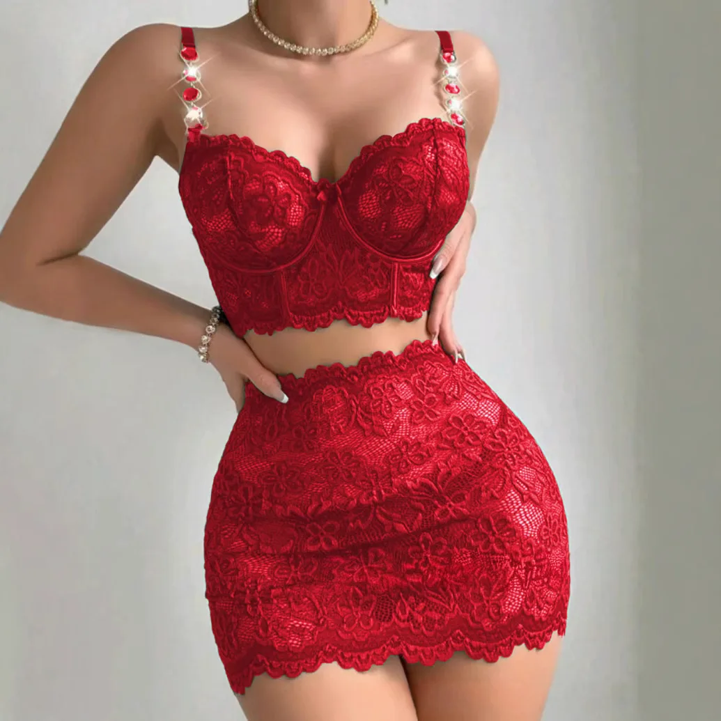 

2025 new model, European and American new hollow hip-wrapped underwear, metal chain, lace lace fun set, two-piece set 31340.