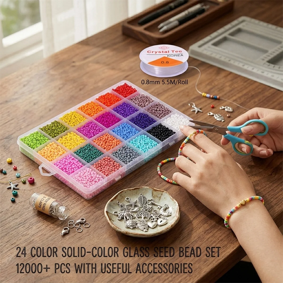 

24 Color Solid-Color Glass Seed Beads Set Box 1200pcs With Useful Accessories for DIY Jewelry Craf Necklaces Bracelets Making