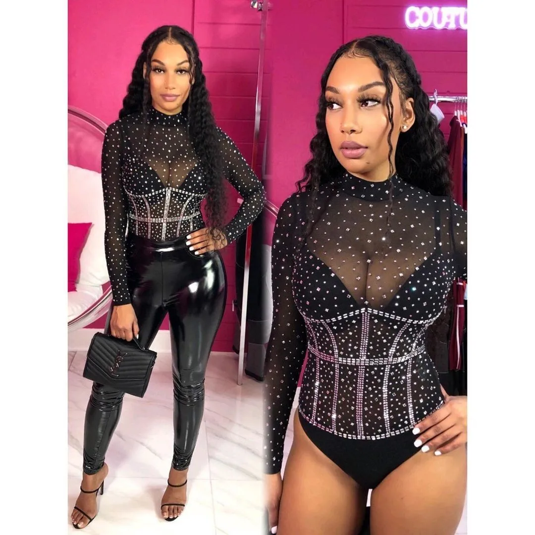 Body negro con diamantes de imitación para mujer, traje de baile para escenario, baile en club nocturno, leotardo brillante para mujer