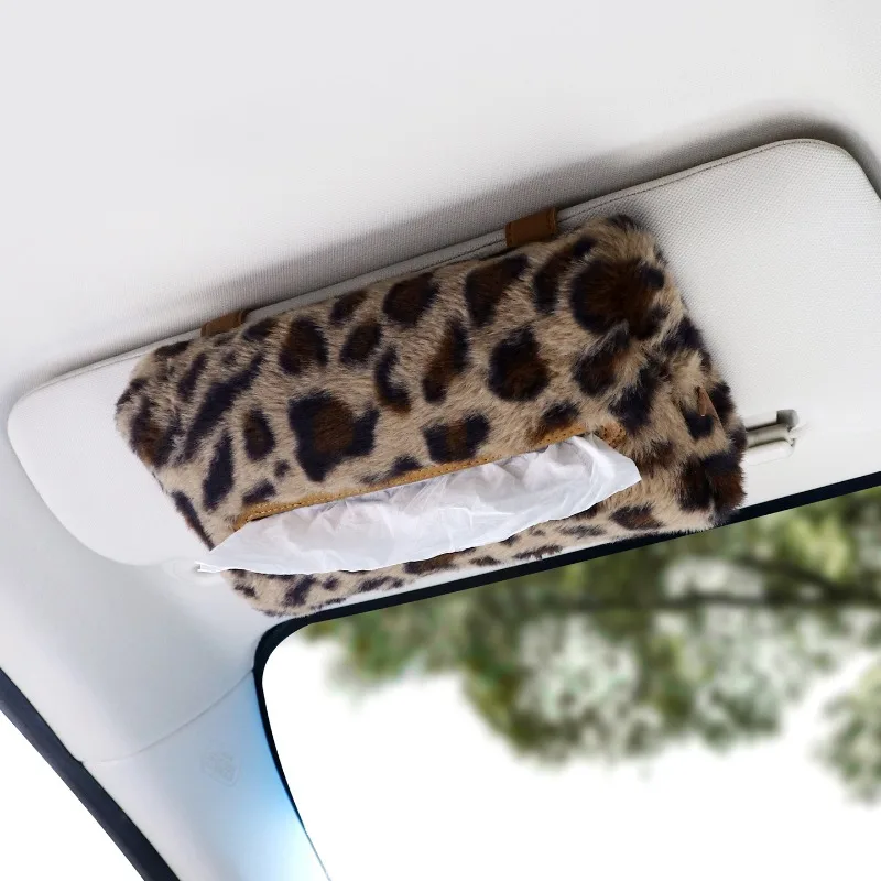 Car visor tissue box, leopard print premium car multi-functional paper box, autumn and winter plush car paper box
