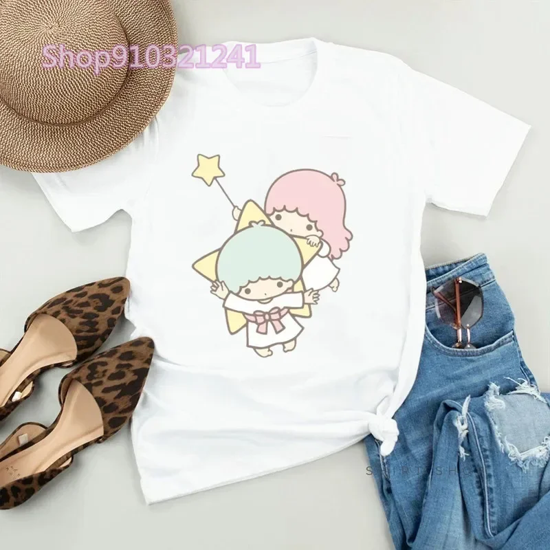 Lovely Kiki Lala T Shirts for Women Tops Summer Loose Little Twin Star Casual T Shirt Vintage Harajuku Tshirt Ladies Streetwear