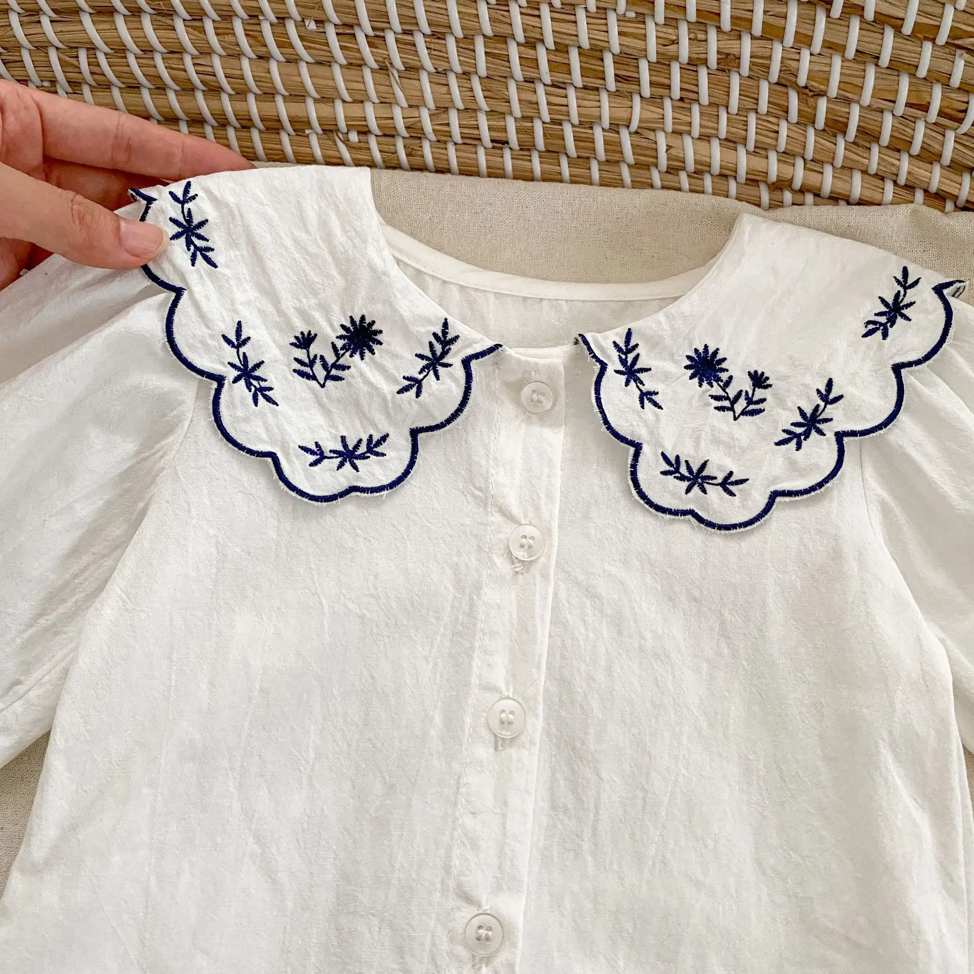 2024 Spring New Baby Girl Long Sleeve Embroidery Lapel Shirts Cotton Infant Solid Casual Versatile Tops Toddler Kids Clothes