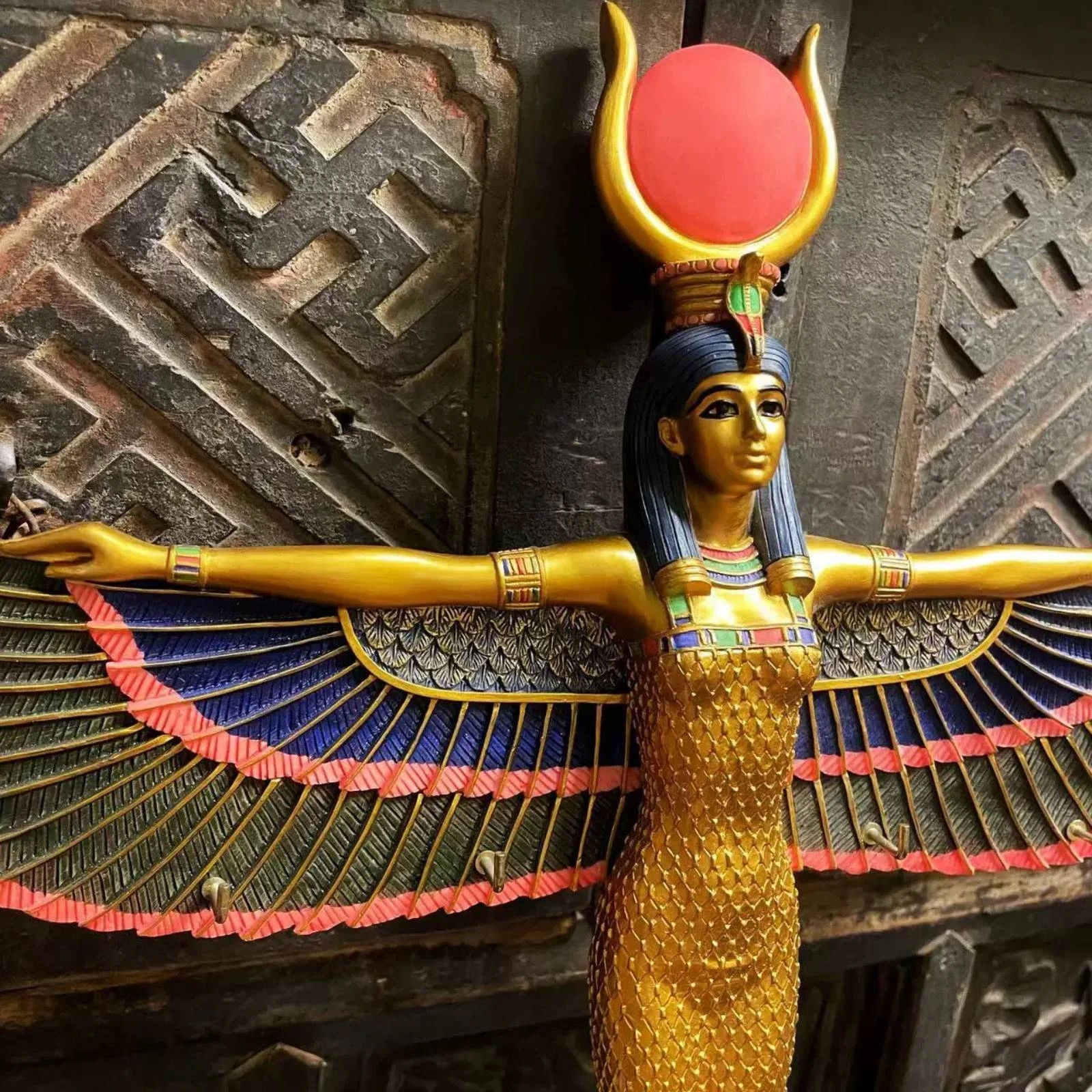 

Isis Wall Figurine Multicolor Accents Egyptian Deity Figurine Gold Winged Deity Decor Textured Dress Isis Statue