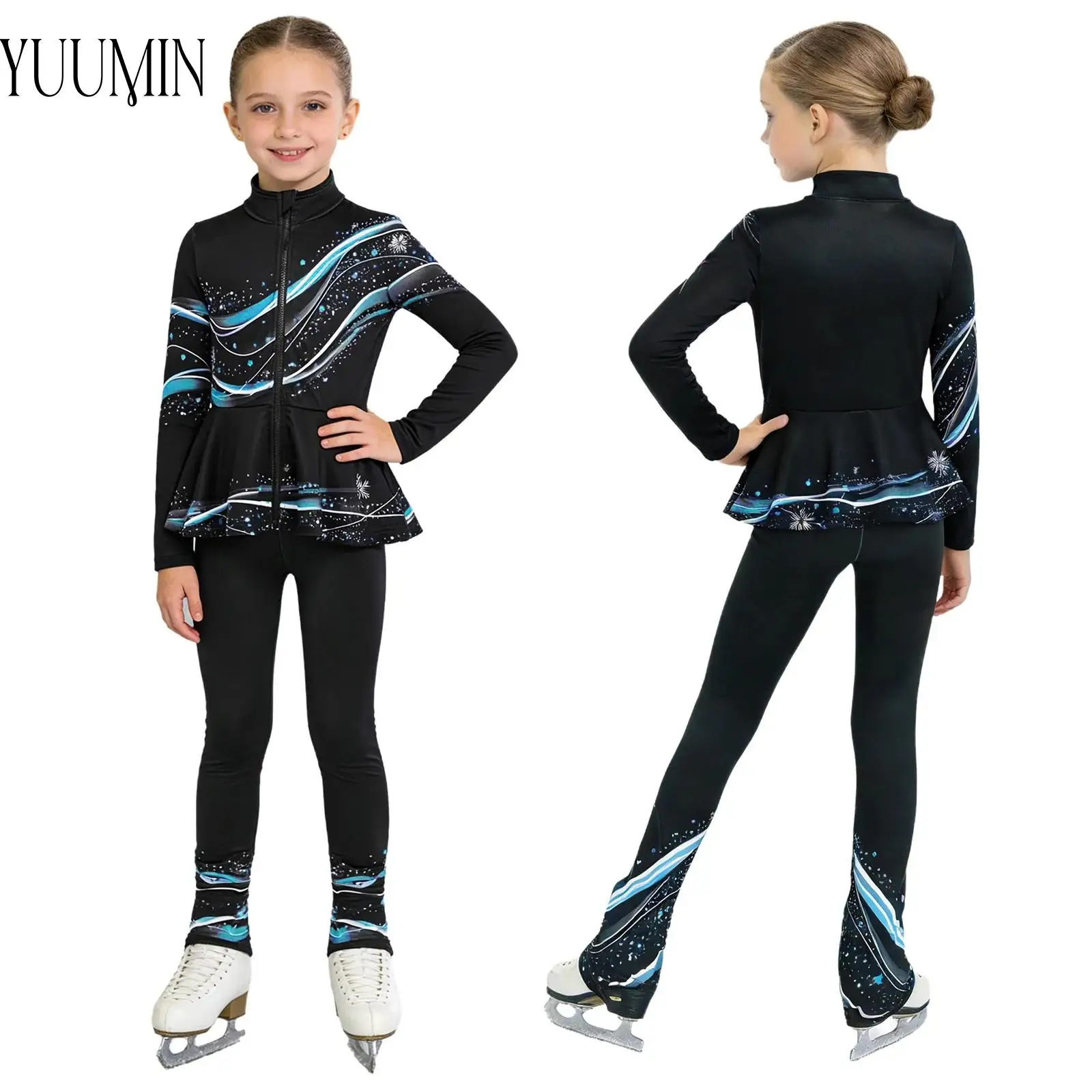 

Kids Girl Gymnastics Figure Skating Ballet Dance Performance Outfit Long Sleeve Stylish Print Zipper Peplum Jacket+Leggings Sets