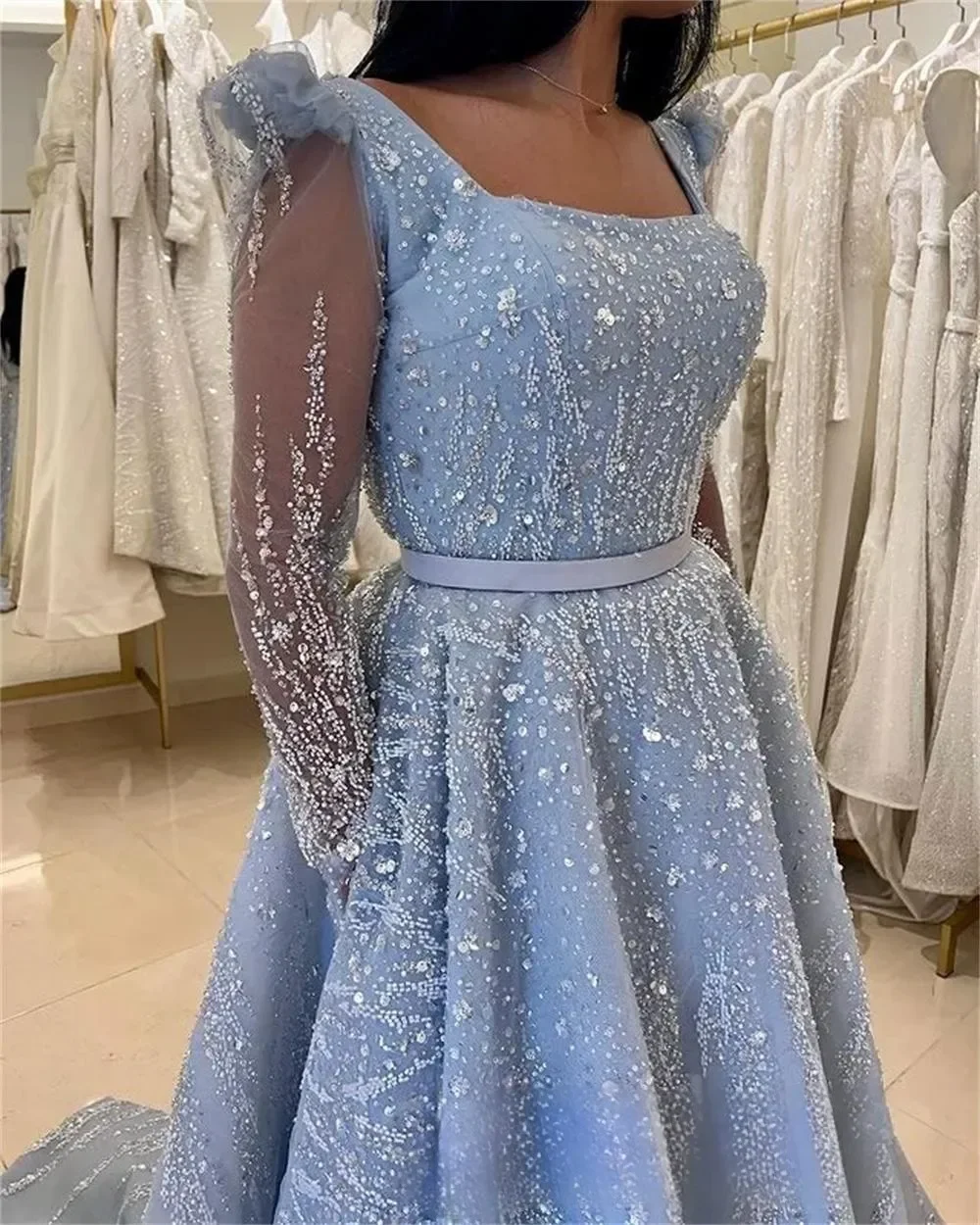 Sequins Lace Prom Dresses A Line Long Sleeve 2024 Women's Formal Occasion Gowns Belt with Drag Circle Party Dress فساتين السهرة