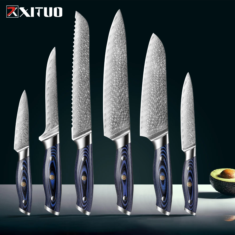 Damascus Kitchen Knives Set 1-6PCS Japanese Razor Sharp Chef Knife, Santoku, Cleaver, Boning & Utility Knives with G10 Handle