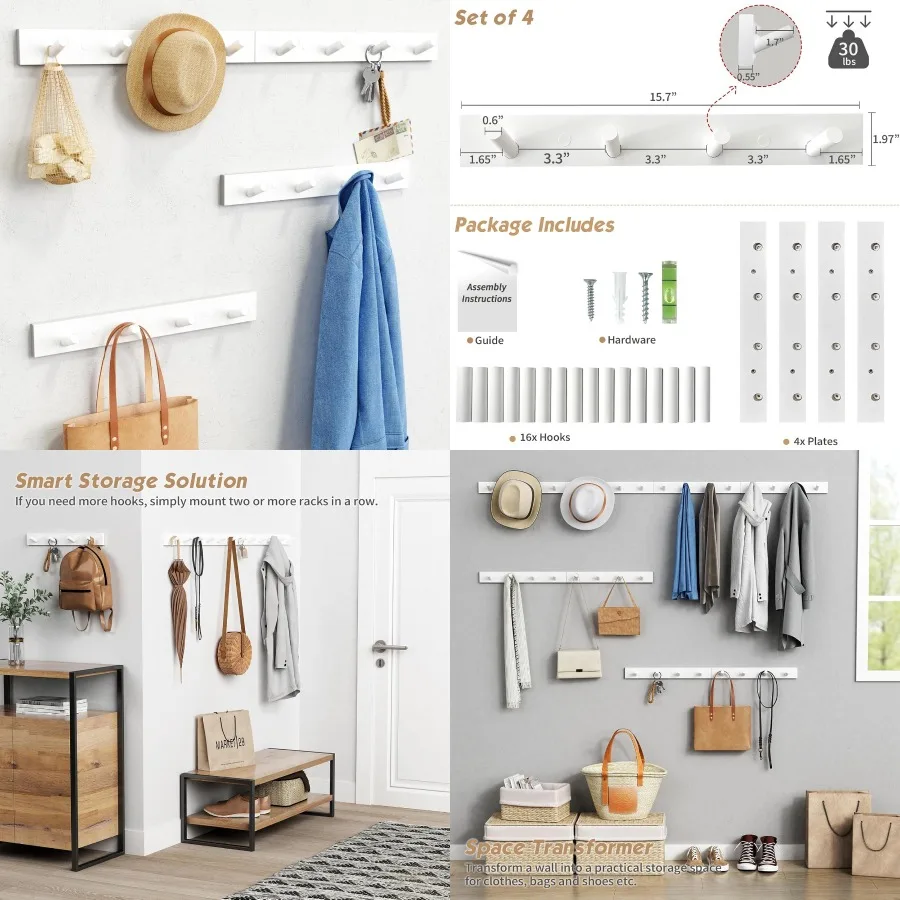 

Белые крючки для одежды Настенное крепление для подвешивания 4 упаковки 16-дюймовая деревянная вешалка для одежды для прихожей Настенная сверхмощная современная большая настенная вешалка