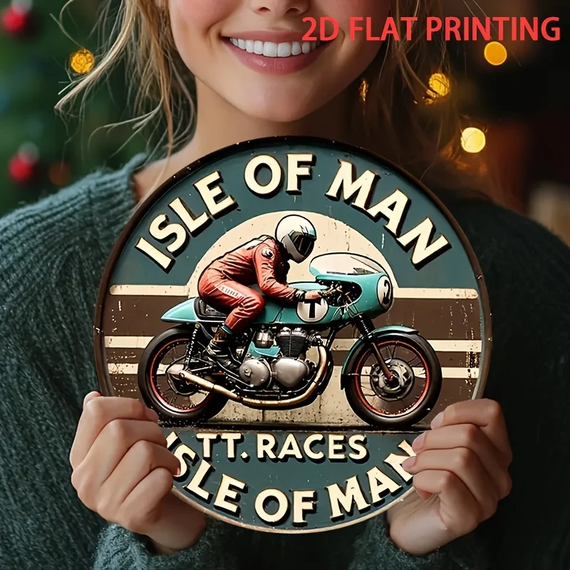 2D Flat, 1pc Isle of for Man Racing History Round Tin Sign - 20.32x20.32 cm Vintage Iron Wall Decor with Pre-Drilled Holes, Left