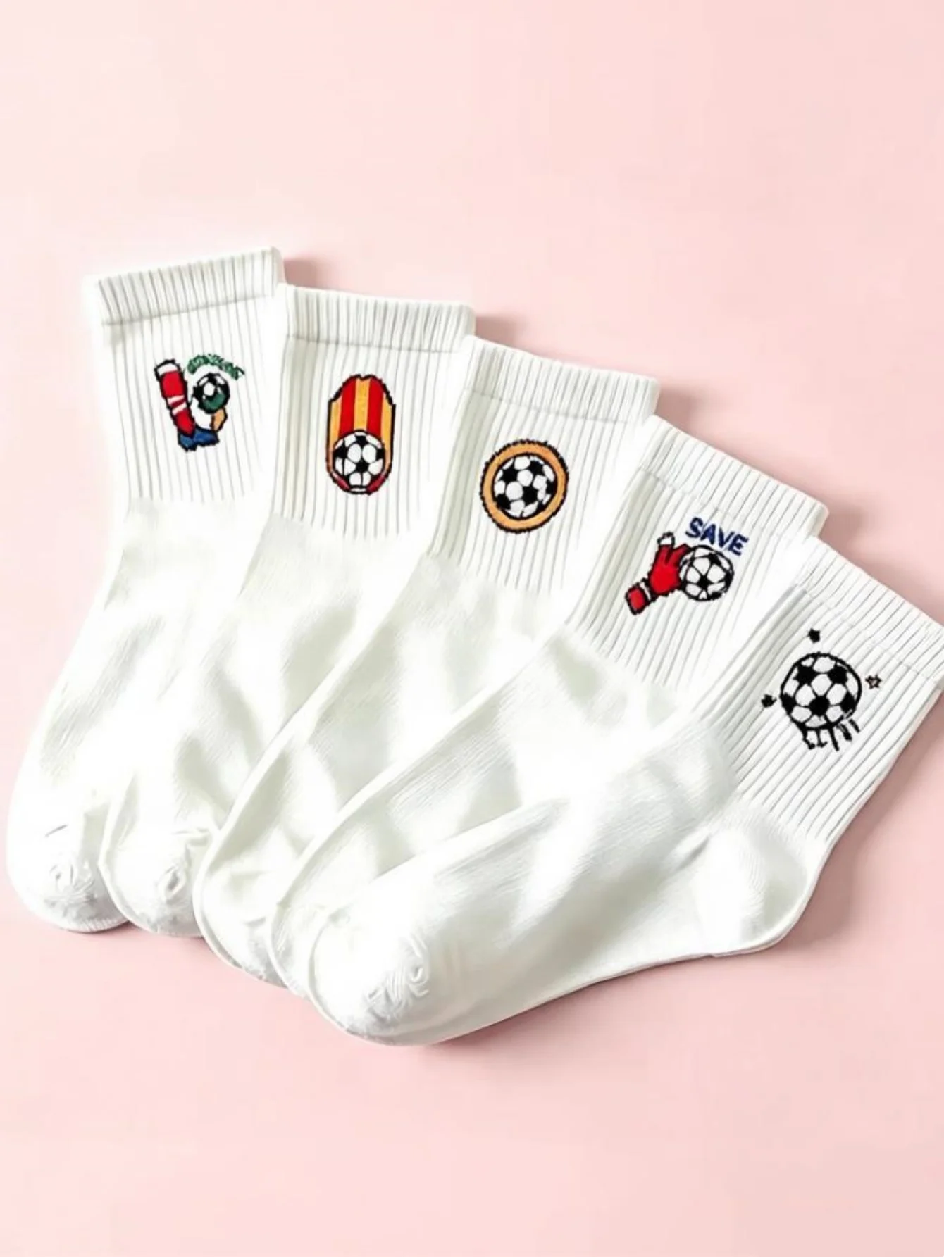 5 Pairs Pure White Football Cartoon Mid-Calf Socks for Kids Breathable Stripe Sports Style Boys Student Socks Goalkeeper Print V