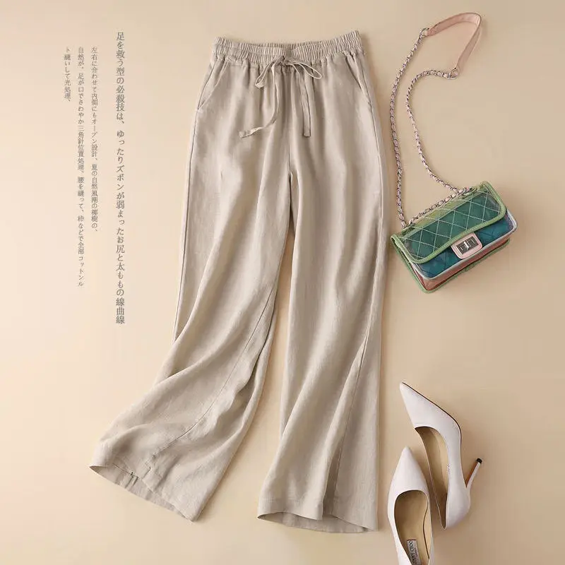 Women High Drape Linen Wide Leg Pants Plus Size Loose Straight Trousers Spring Autumn Literary Breathable All-match Daily Casual