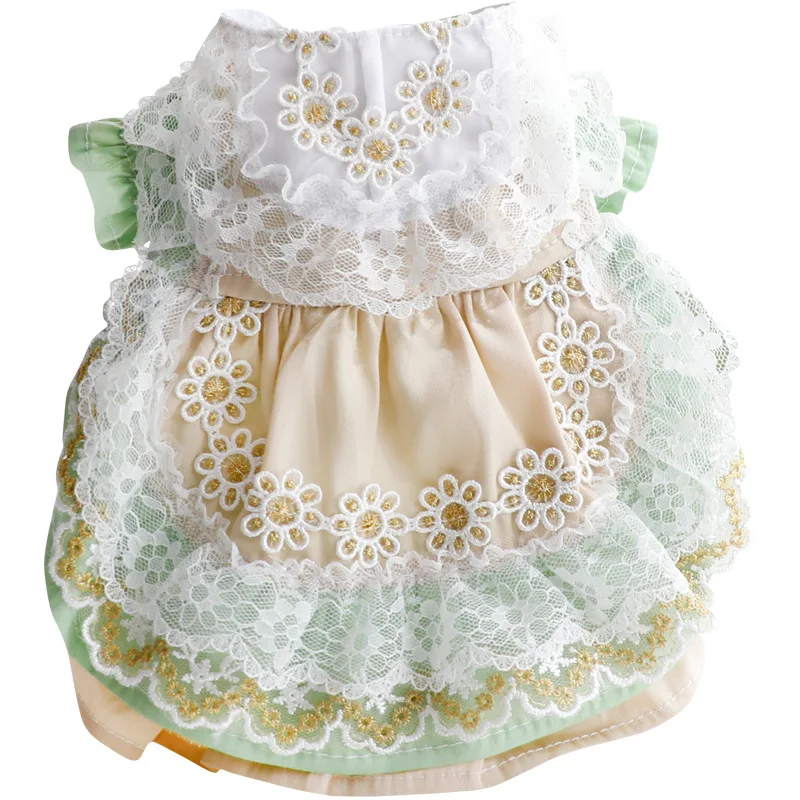 Dog Clothes Autumn Cat Princess Dress Green Gold Trim Lolita Fresh Small Dog Teddy Pet Costume