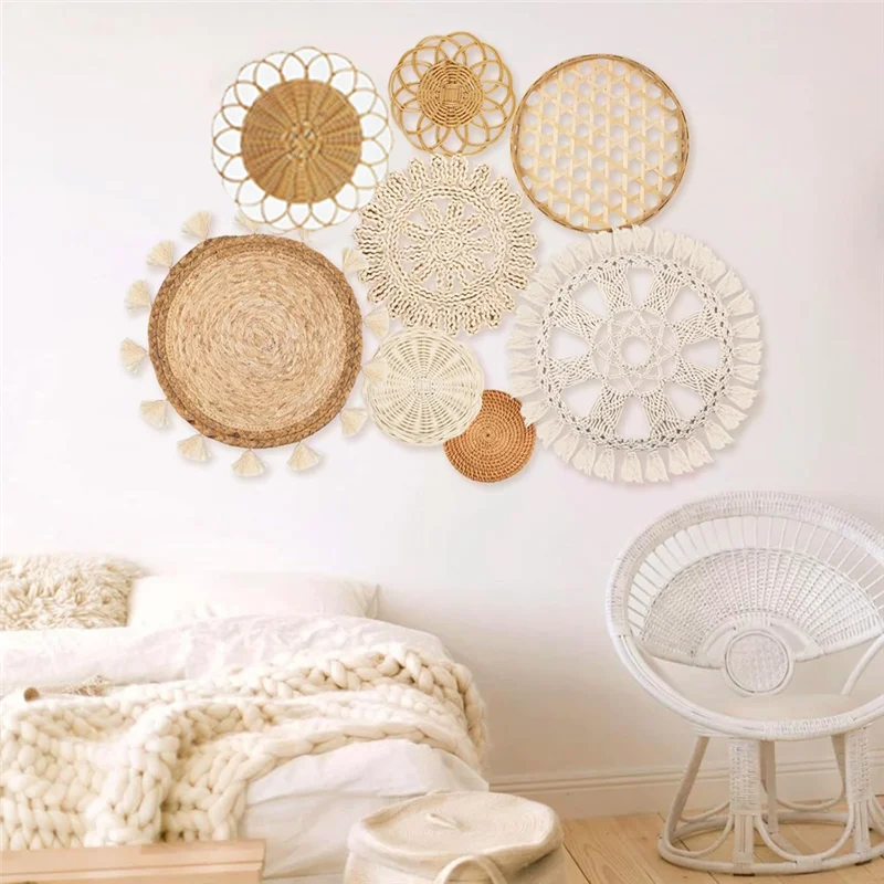 

YWDZ-8Pack White Macrame Tapestry Wall Decor Art With Round Tassels, Boho Wall Basket Decor, Flat Woven Basket Wall Hanging Deco