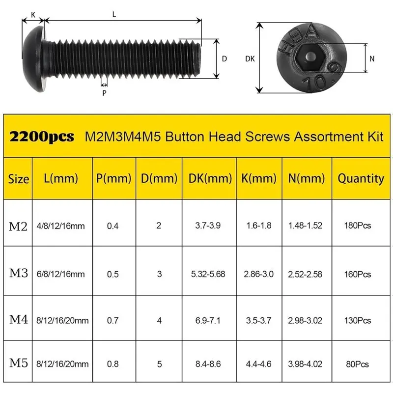 Simple Operation Hex Socket Button Head 2200PCS M2 M3 M5 Metric Screws Assortment Kit, Machine Screw Set With Nuts Kit