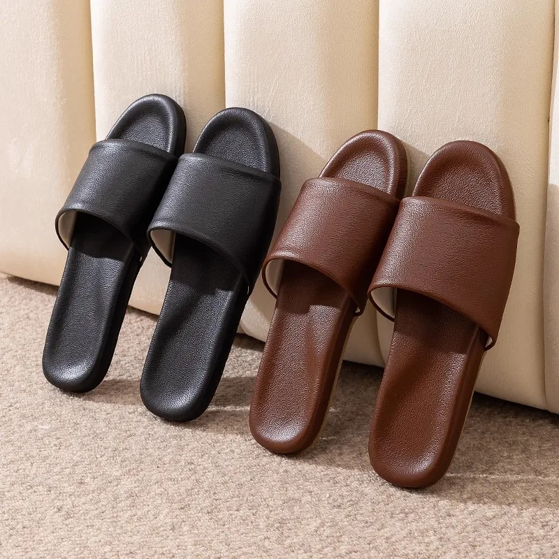 

Japan Style High Grade Genuine Leather Indoor Slippers for Couples, All Season Waterproof Women Home Slippers
