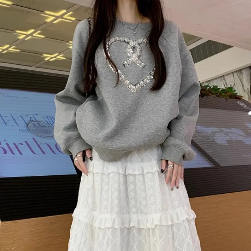 Neploe Sweet Heart Sequin Gray Casual Sweatshirt Mujer 2024 Spring New O-neck Loose Tops Women Y2k Long Sleeve Sweatshirts