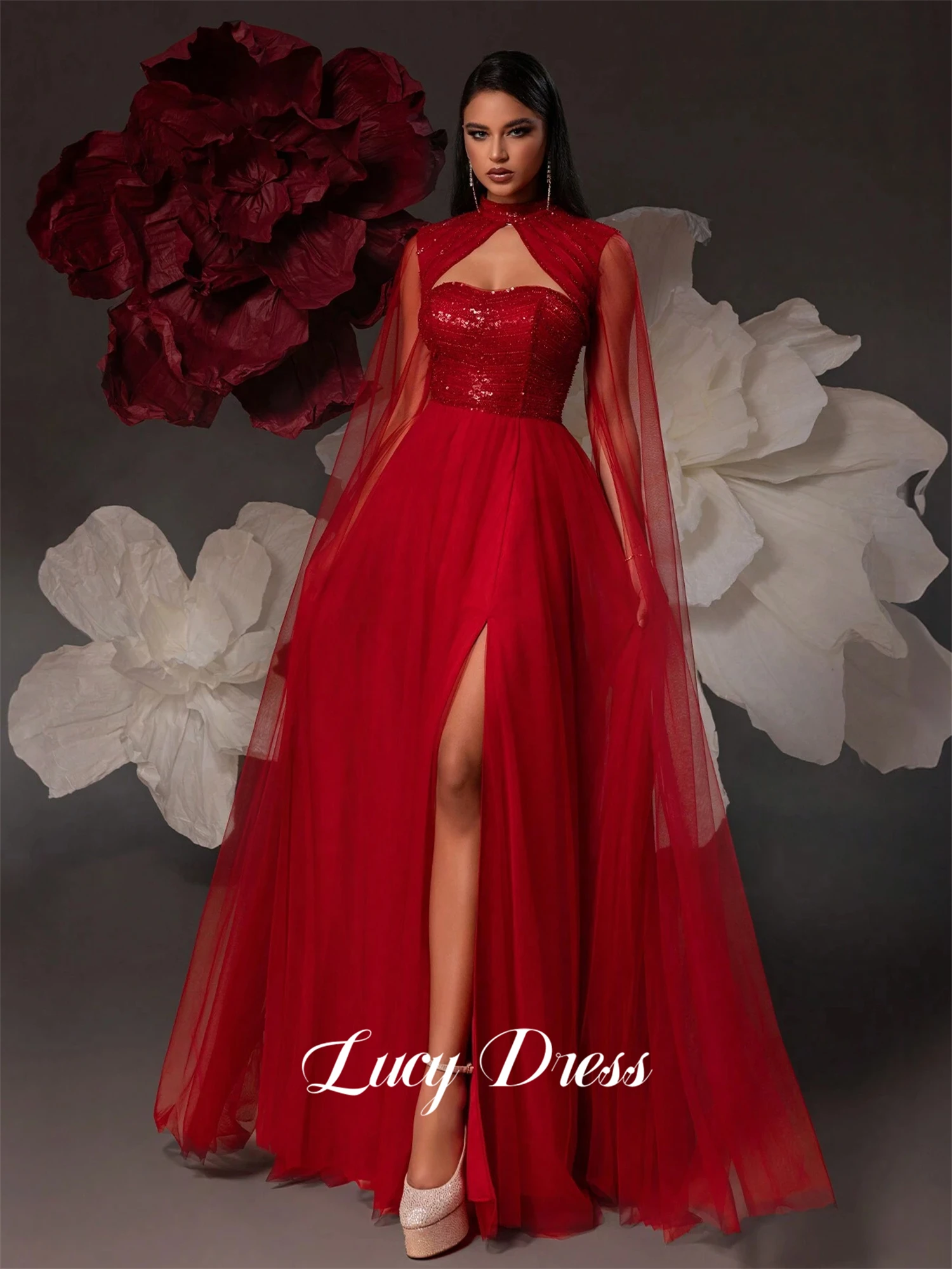 Lucy Ball Gown Line A Shiny Fabric Graduation Mesh Shawl Deep Red Party Dress Long Dresses With Sleeves Evening Customized