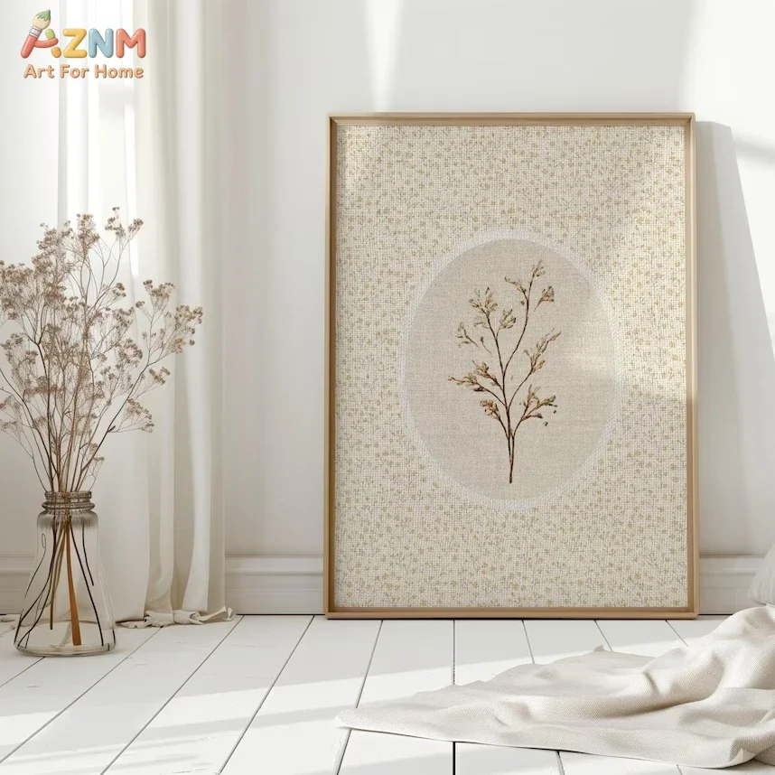AZNM Dried Grass Botanical Canvas Print, Neutral Linen Texture Vintage Herb Unframed Canvas Painting, Wabi Sabi Wall Art Decor