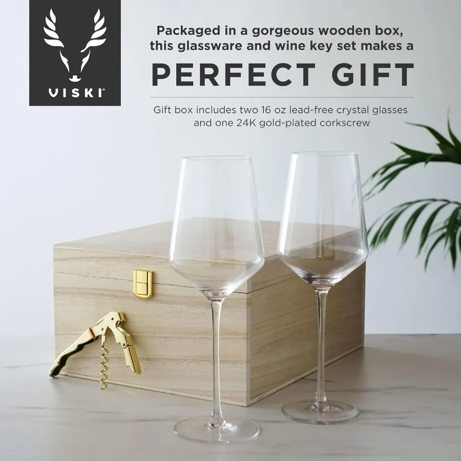 Crystal Stemmed Wine Glasses with Double Hinged Corkscrew in Wooden Gift Box Includes Two 16 oz Drinking Glasses and Cork Opene