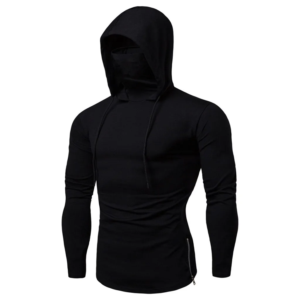 Mens Mask Button Sports Hooded Splice Large Open-Forked Male Long Sleeve Shirts Running Hoodies Sportswear Gym Sports Hoodies