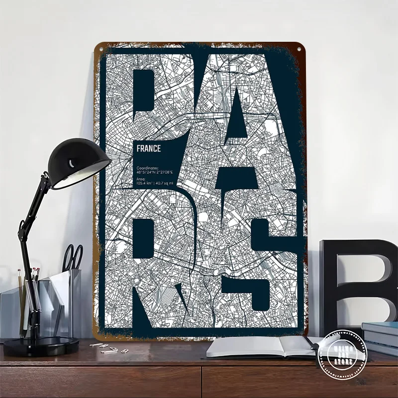 Paris France Map Typography Printing Poster Customized Retro Wall Art Vintage Metal Signs for Room Office Decoration Gaming Home