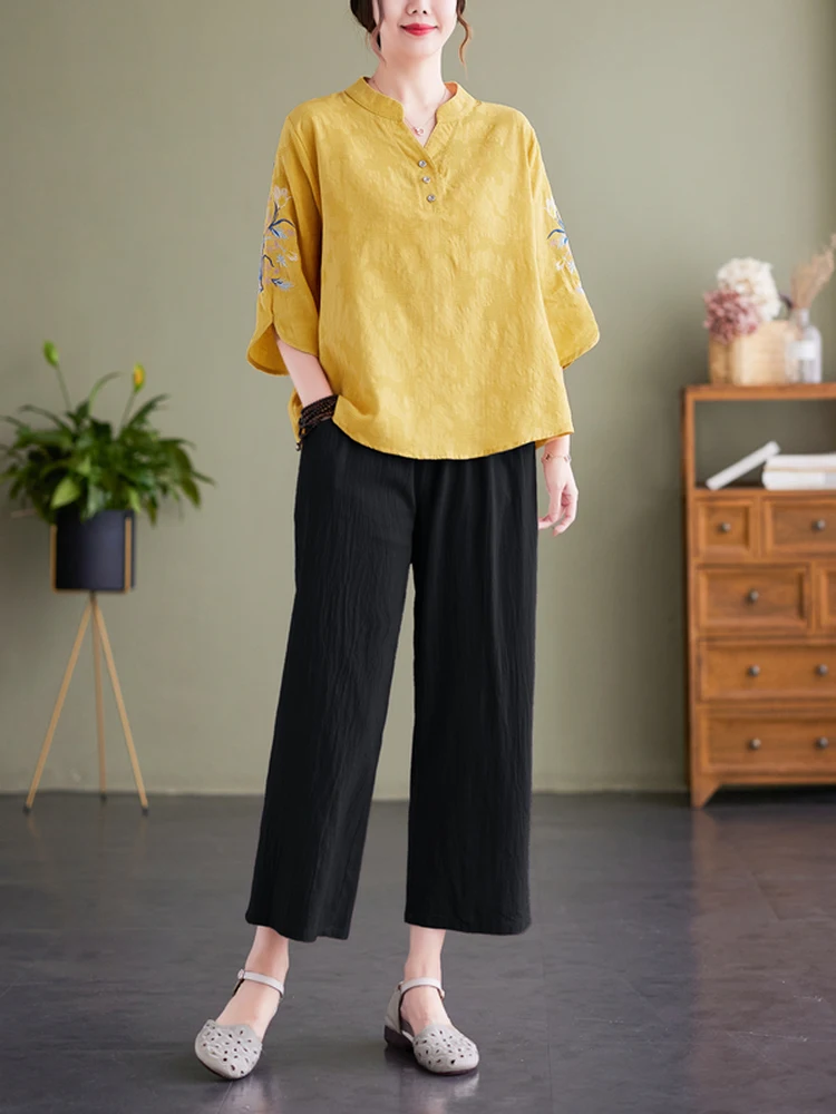 

V-Neck Cotton Linen Wide Leg Pants Two-Piece Set for Mom Summer Spring Fashion Anti-Aging Breathable Casual Style Women's Wear