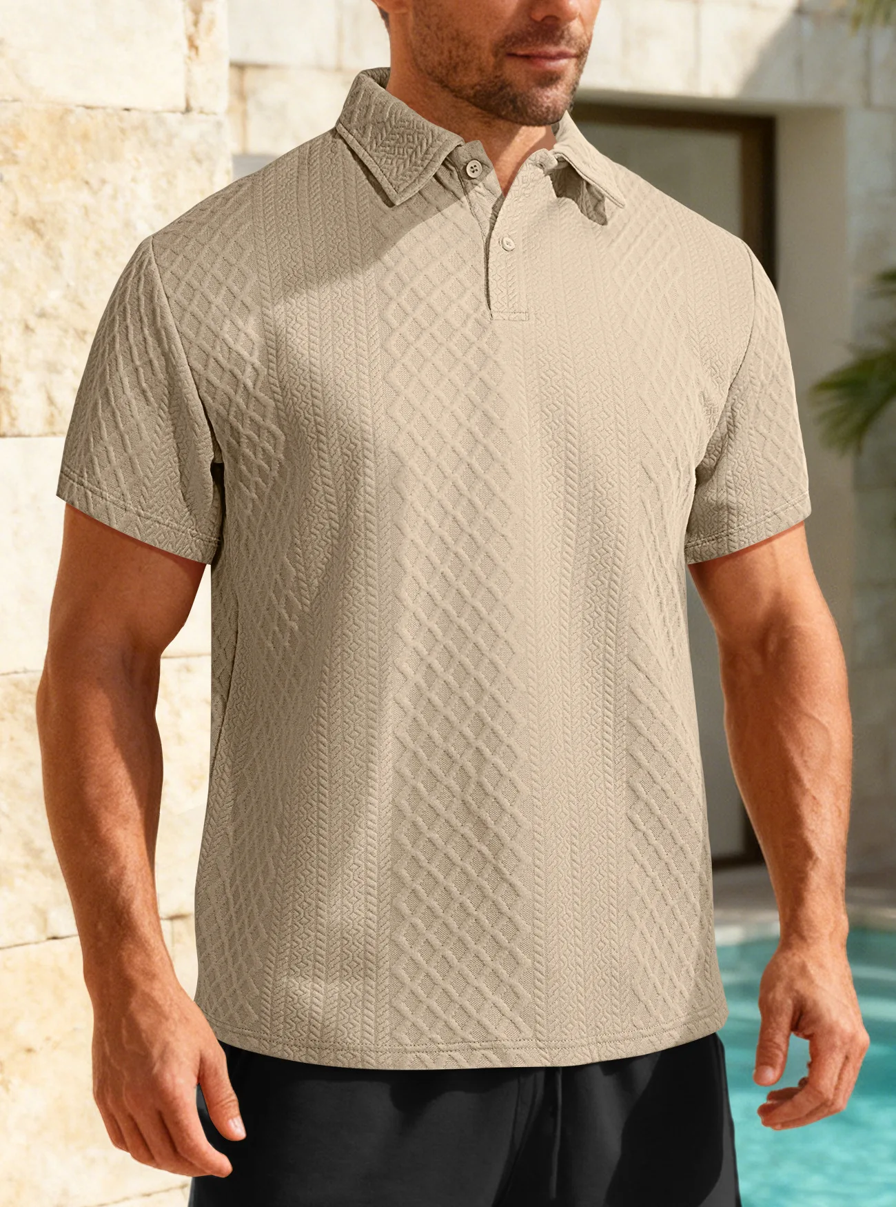 

Men's Summer Textured Diamond Jacquard Short Sleeve Polo Shirt, Casual Slim Fit Breathable Golf Tops, Fashion Collar Daily