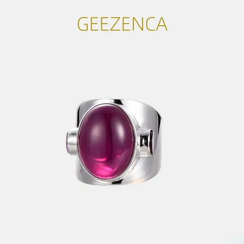 

GEEZENCA 925 Sterling Silver Red Corundum Cocktail Ring For Women Oval Stone Minimalistic Unusual Wide Big Rings Party Gift
