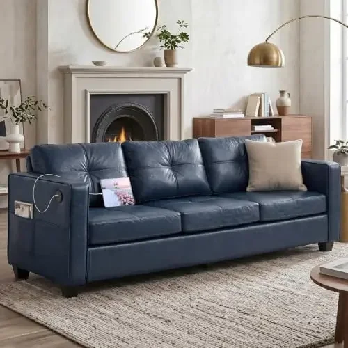 Blue Faux Leather Couch with USB, 3-Seater Sofa | Mid-Century Modern, Tufted Design, Wider Arms, Side Pockets, Comfy
