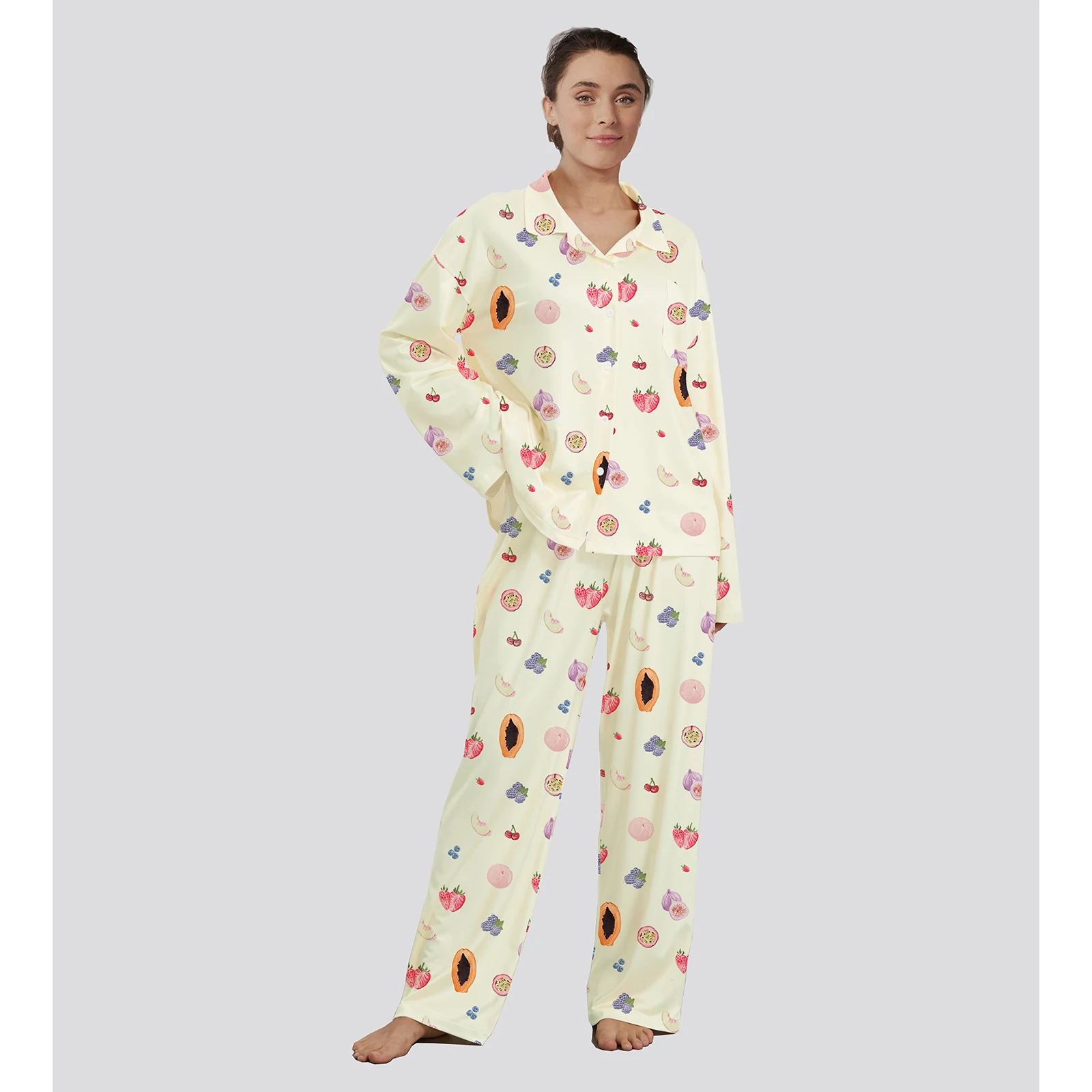 Zweiteilige Pyjama-Sets für Damen, Obstdruck, langärmeliges Hemd mit Knöpfen und lange Hosen, Nachtwäsche, Loungewear