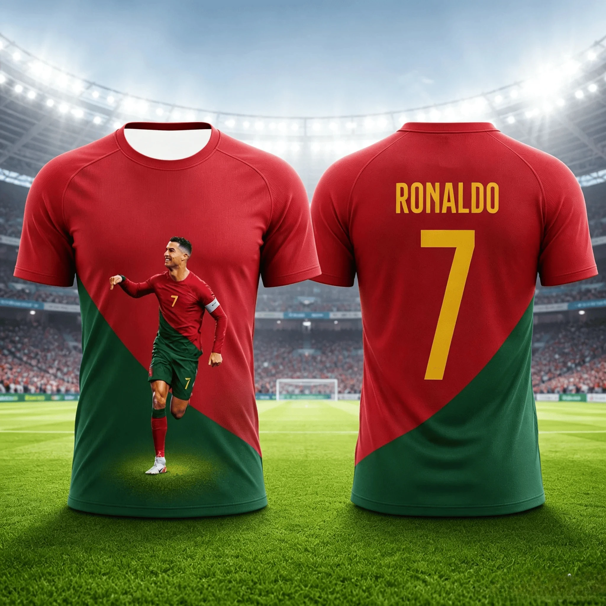2026 Latest Ronaldo Portugal Red and Green Pattern T-shirt Casual Men's and Women's Home 3D Printing