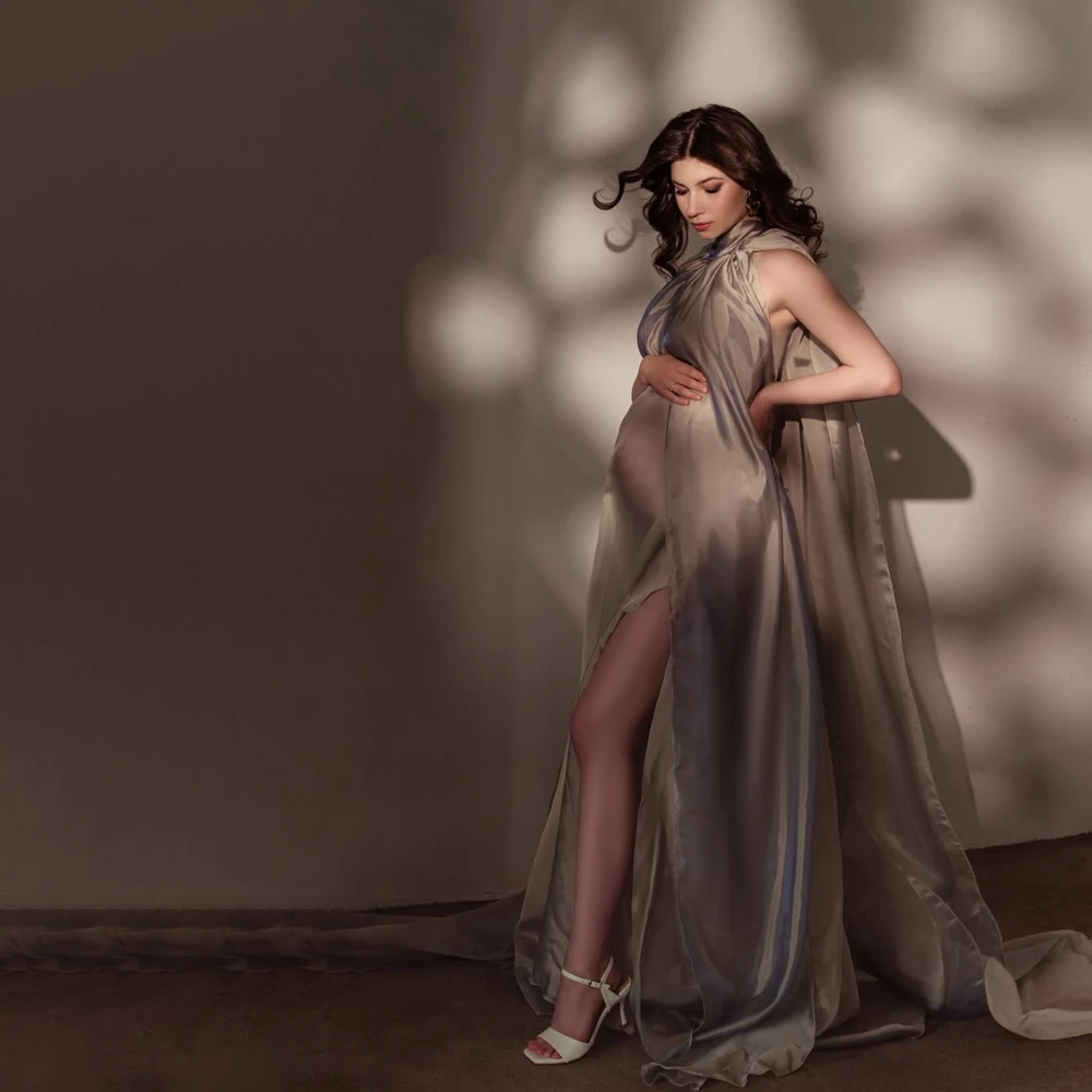 Elegant High Neck Maternity Photography Props Sheer Organza Pregnant Photo Shoot Clothes Studio Posing Gown Wrap
