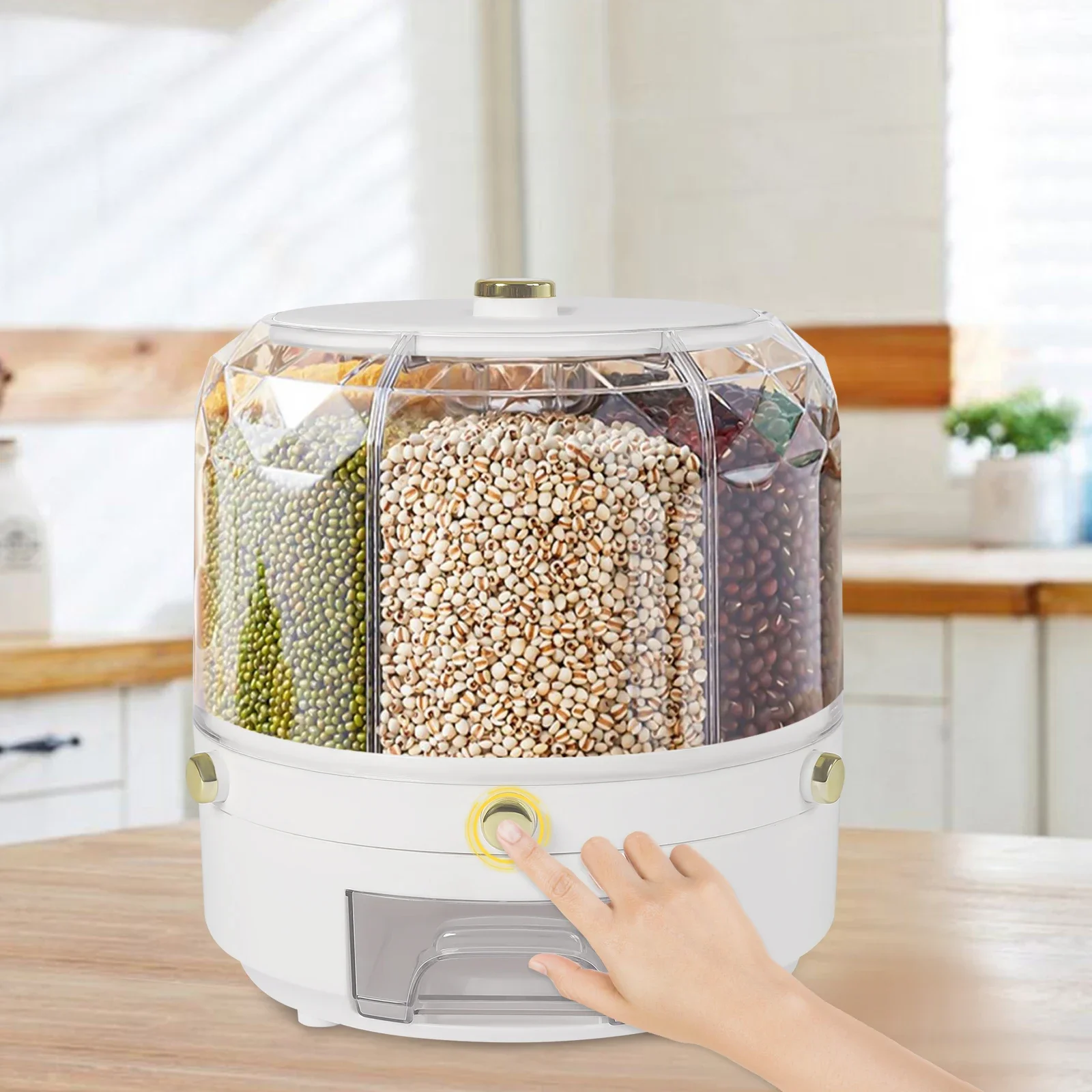 

Bymaocar 360° Rotating Food Storage Container Dispenser, 6-grid Gold-plated One-Button Pressing Miscellaneous Grain Storage Tank