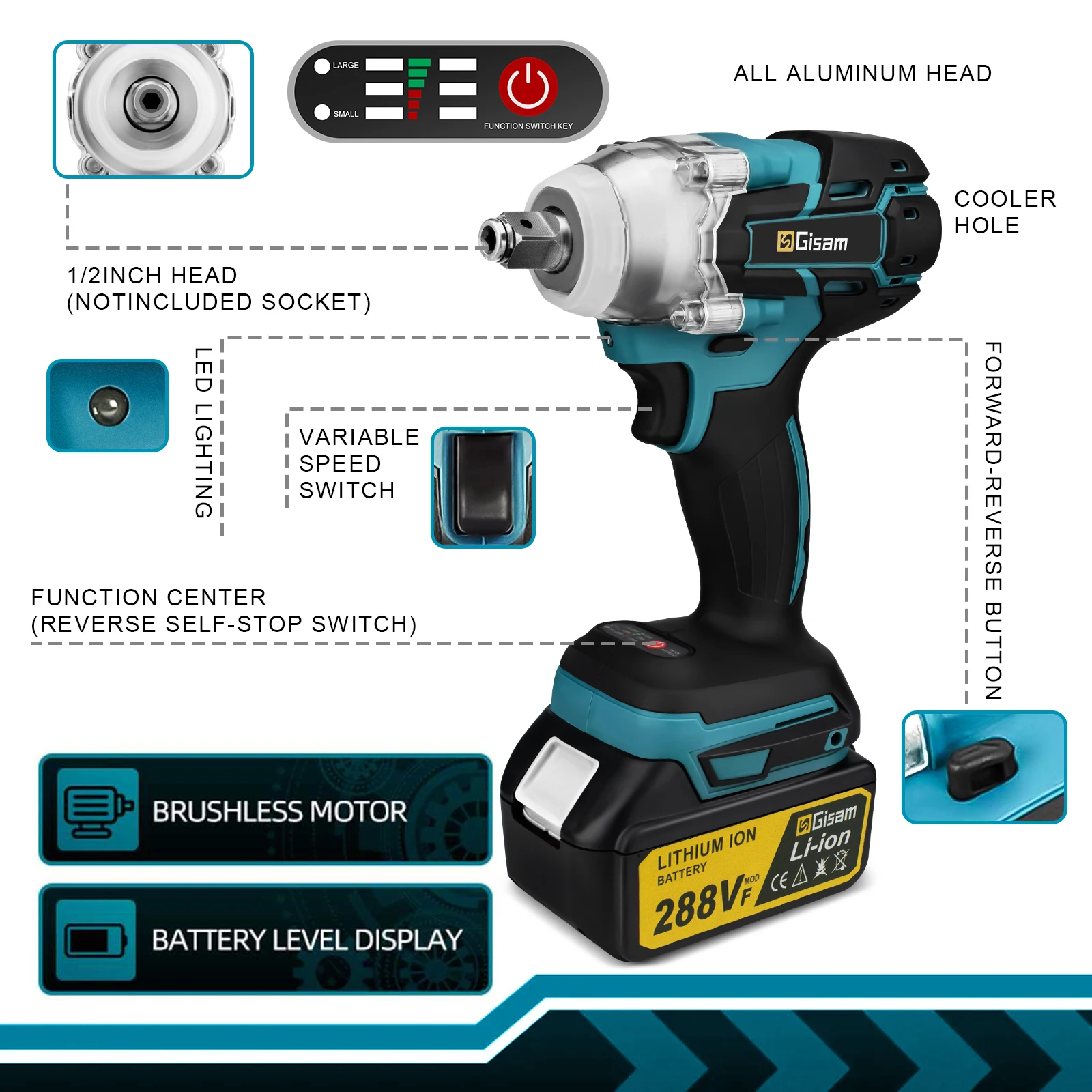 Gisam 520N.M Brushlessประแจผลกระทบไฟฟ้าไร้สายประแจไฟฟ้า 1/2 นิ้วสําหรับMakita 18Vแบตเตอรี่Pinไขควงเครื่องมือ