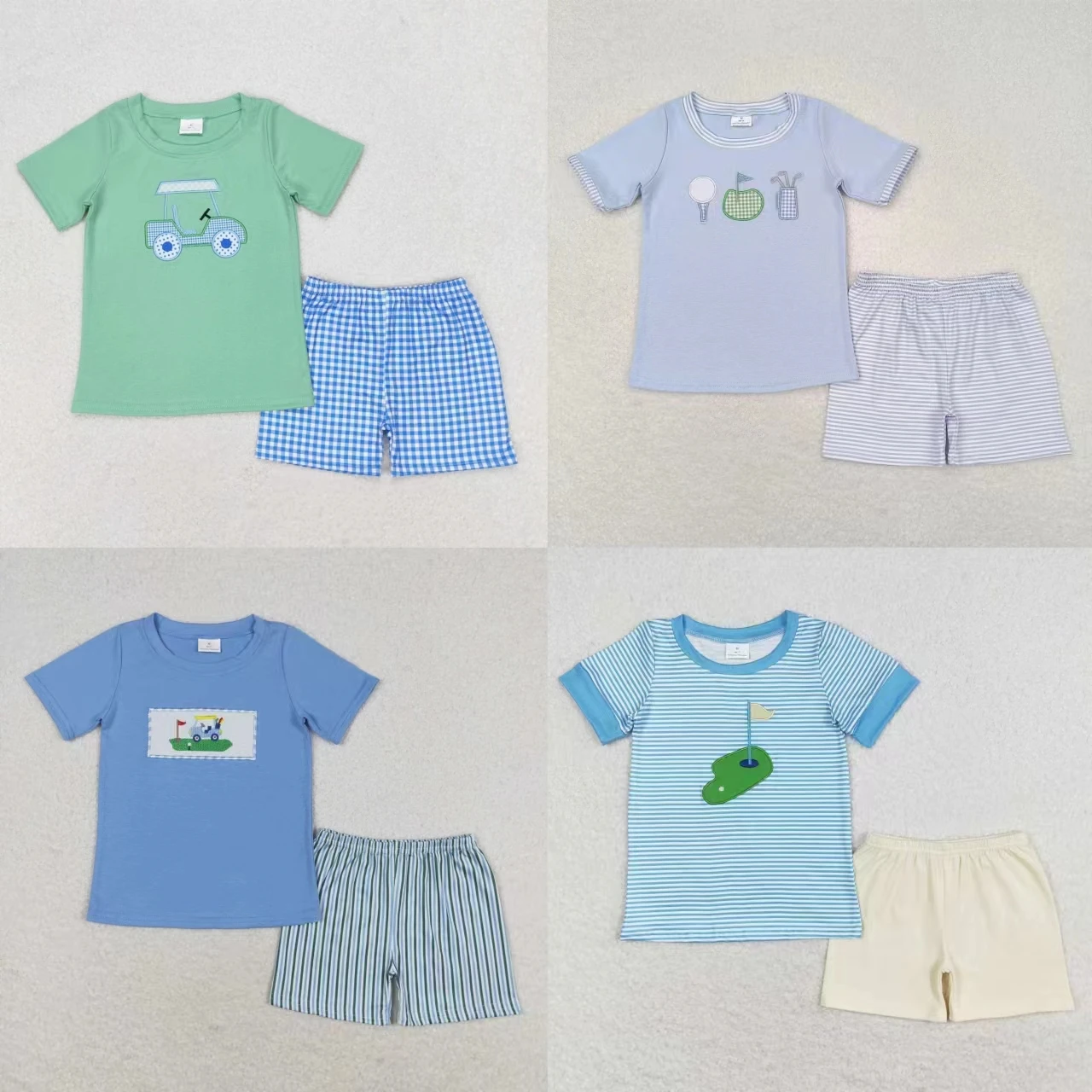 

Wholesale Baby Boy Summer Ball Game Set Toddler Short Sleeves Embroidery Cotton Shirt Kids Shorts Children Stripes Plaid Outfit