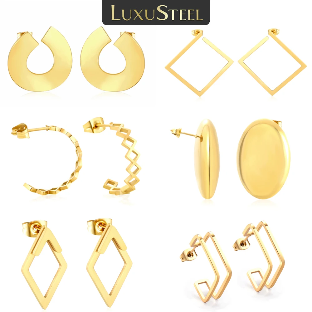 LUXUSTEEL C-shaped Stainless Steel Golden Jewelry Female Stud Earrings Geometric Skeleton Earrings For Women Daily Wedding Gift