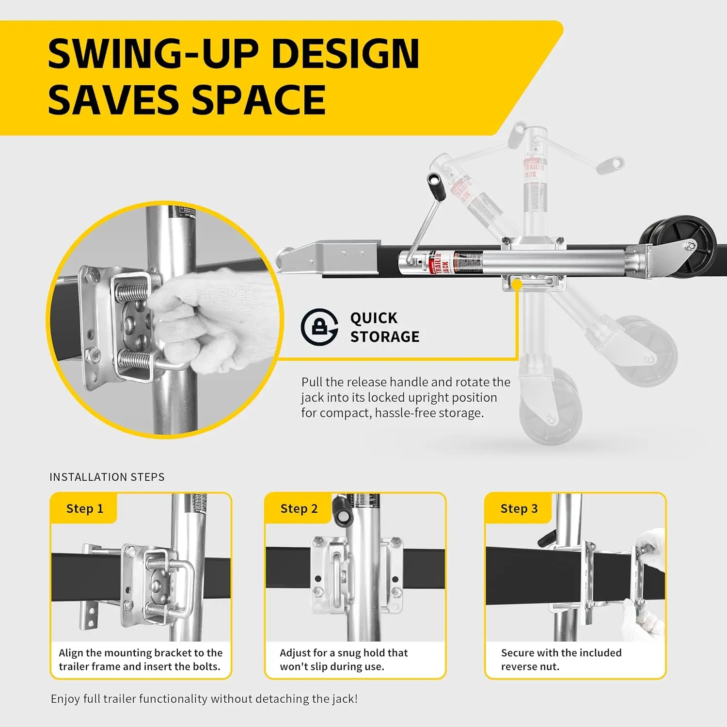 70149 مقبس مقطورة مع رفع 11-1/2 بوصة، تصميم متأرجح من الخلف، مقبض رياح جانبي وعجلات مزدوجة 6 بوصات - سعة 1500 رطل، شعبية جديدة #3