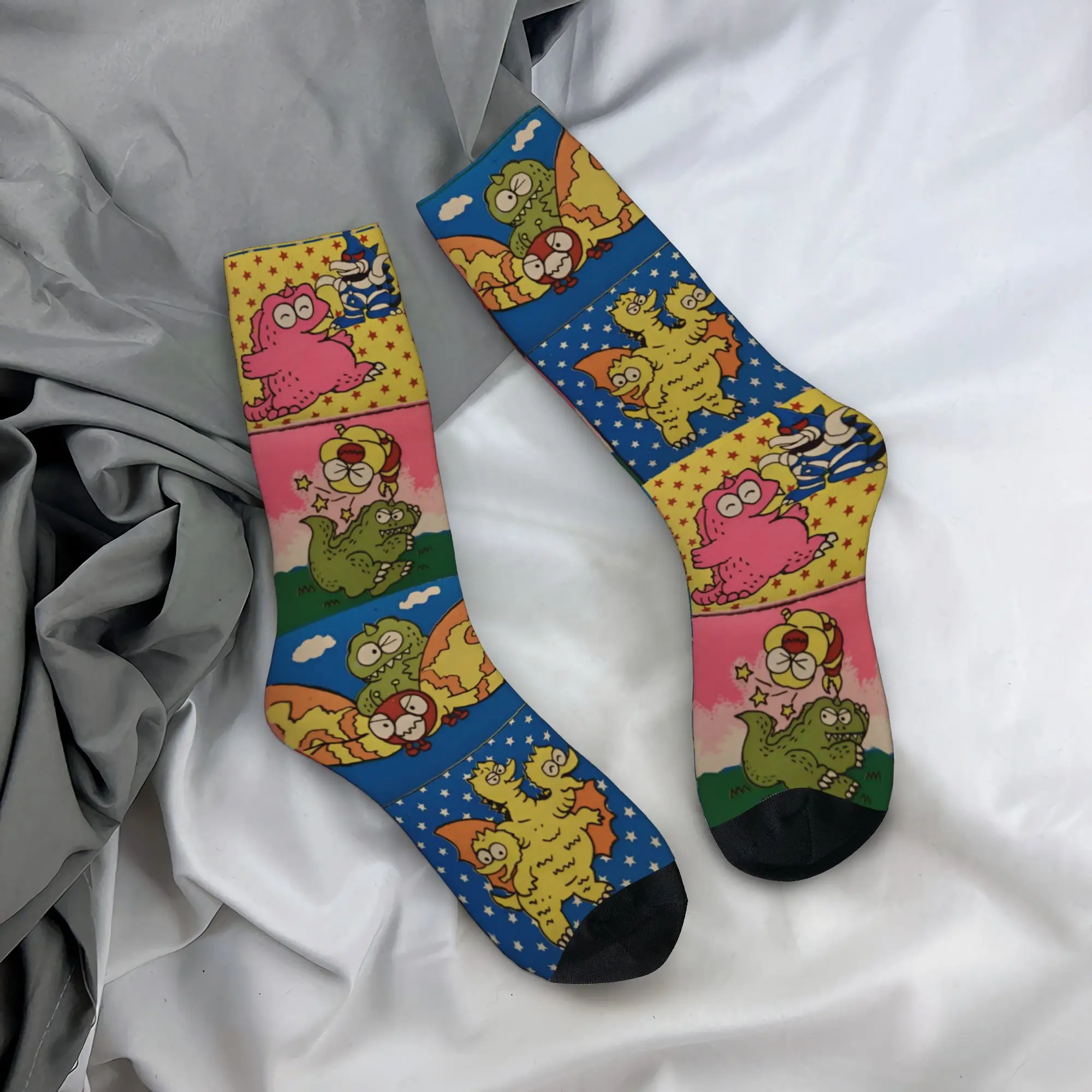Harajuku Chibi Monster Island Buddies Basketball Socks 80s Polyester Crew Socks for Women Men Sweat Absorbing