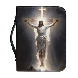 Jesus Pattern Print Bible Cover Case Leather Bible Bag for Women Zipper Handle Handbags Christian Practical Bible Storage Bags