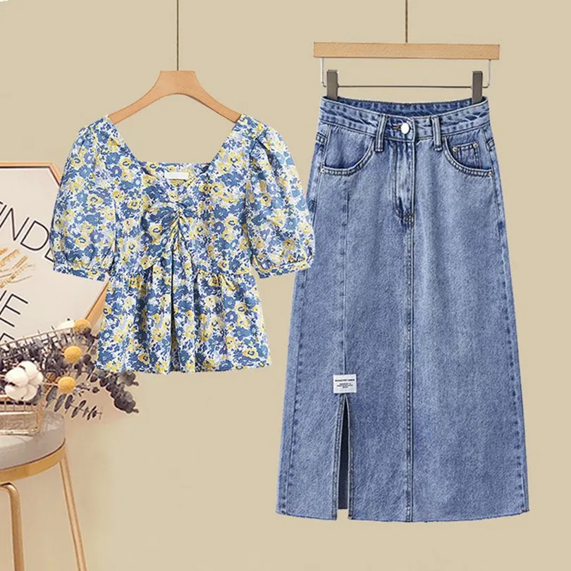 Conjunto grande de primavera/verano para mujer, camisa corta con reducción de edad y Falda vaquera, moda coreana, novedad de 2023