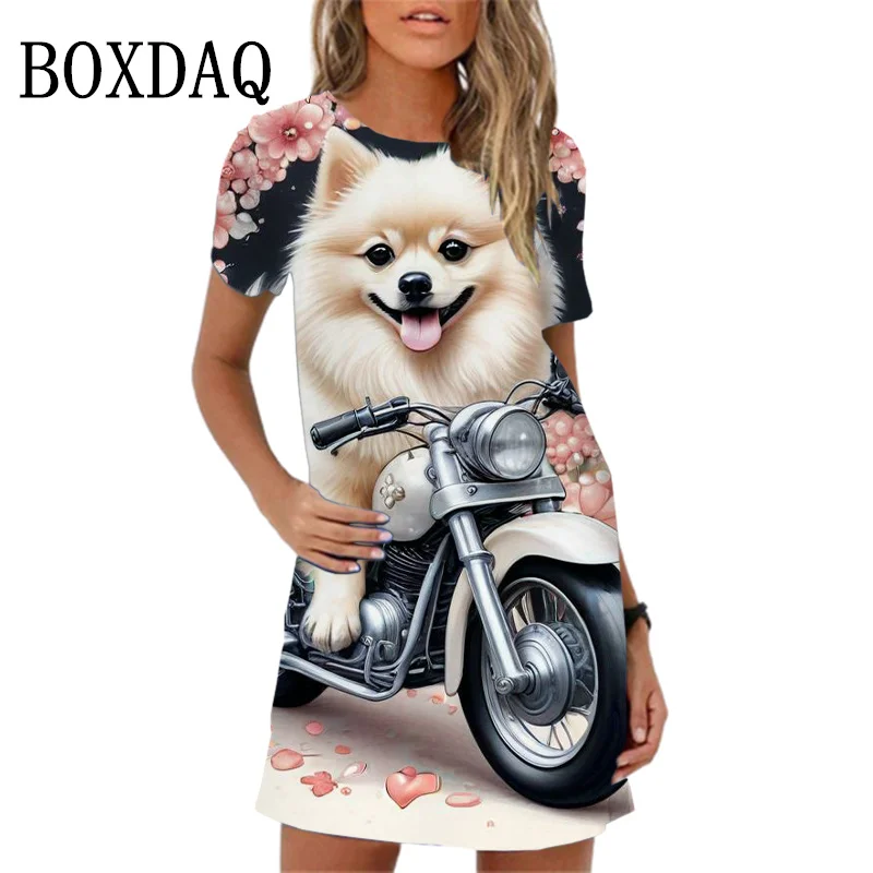 

Женское платье с коротким рукавом, круглым вырезом и принтом в виде собаки