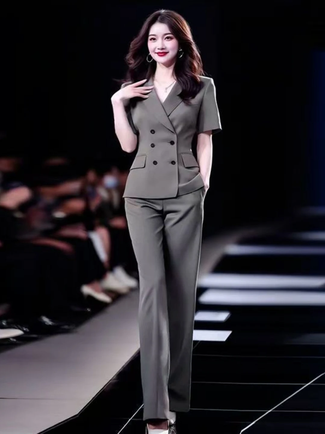 Elegant Summer Suit Set Women's Fashion High Waist Pants V-Neck Short Sleeve Button up Polyester Fabric Anti-Wrinkle