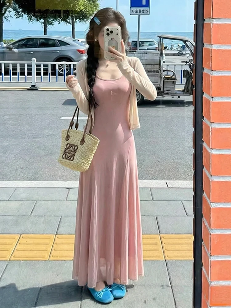 

Ele Long Sve round Ne Open Cardigan Dr Set Women's Summer Outfit High-End Feelings Long Skirt Two-Piece Suit