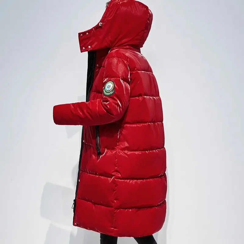 Jaqueta longa e brilhante acolchoada para puffer feminina, acolchoada, grossa, quente, casaco baixo, Parkas com capuz destacável com bolso, casual, inverno