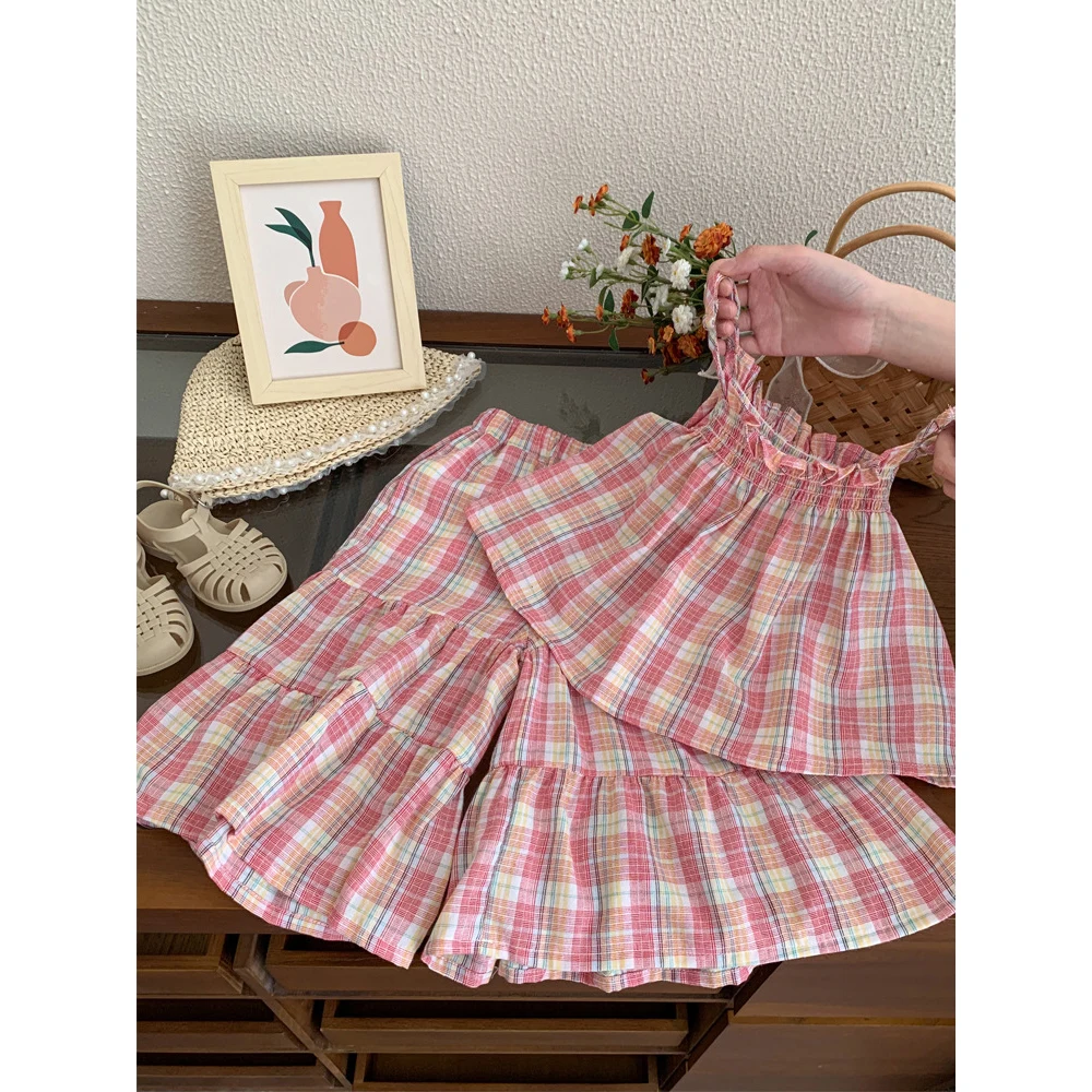 Kids Girls Pink Plaid Sets Spaghetti Strap Vest+High Waist Wide Leg Flare Pants 2pcs Children Summer Outfits Clothing Sets