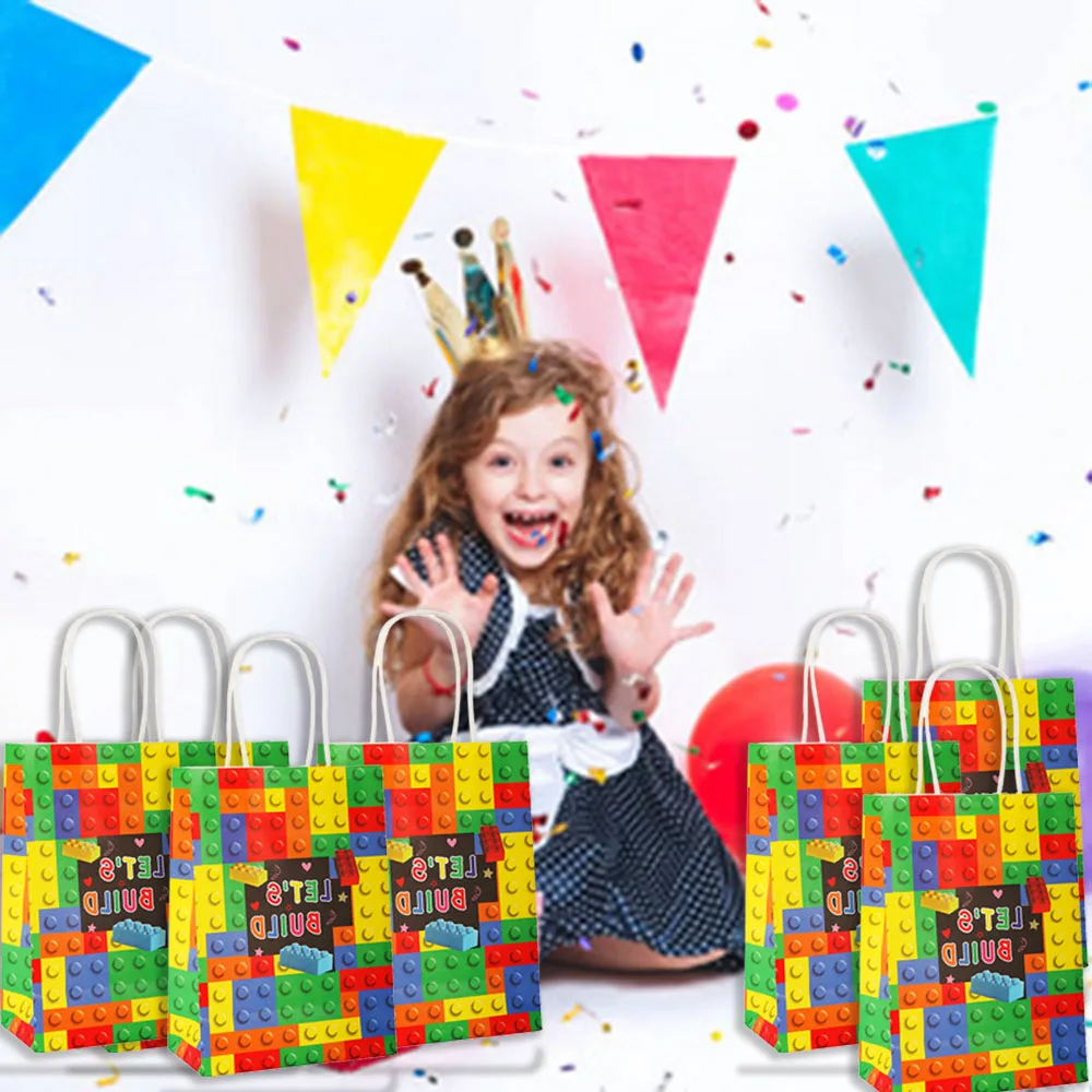 Building Blocks Brick Party Favors Gift Bags, Treat Paper Bag With Handle For Boy Kids Birthday, Baby Shower Decorations, 20Pcs - view 6