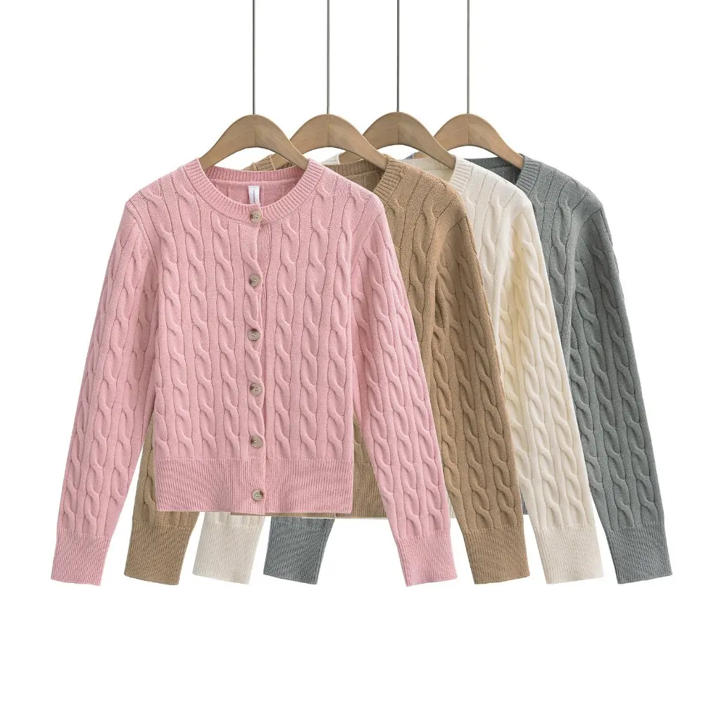

Retro Women's Knitted Cardigan Coarse Twist round Neck Slim Fit Korean Style College Sweater Coat for Spring